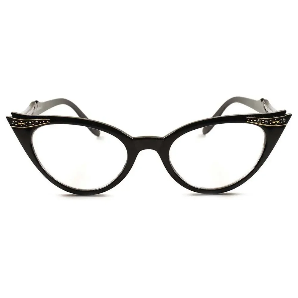 Womens Black Cat Eye Clear Lens Glasses Gold Rhinestone Retro